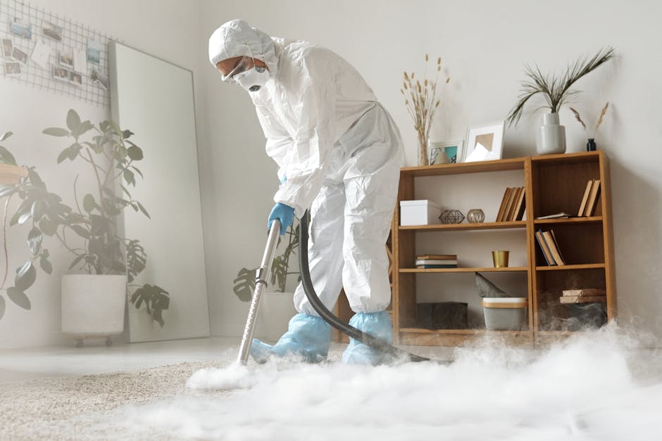 A professional cleaner dressed in a white protective suit, mask, and blue gloves is performing surface cleaning with a vacuum or steam cleaning device on a beige carpet in a modern, well-lit living room. The room features a wooden bookshelf with decorative items and books, a white ceramic vase with dried plants, houseplants, and framed pictures on a white wall. The space appears tidy and freshly cleaned, highlighting the importance of deep cleaning and sanitisation managed by Harrow Carpet Cleaners for residential hygiene.