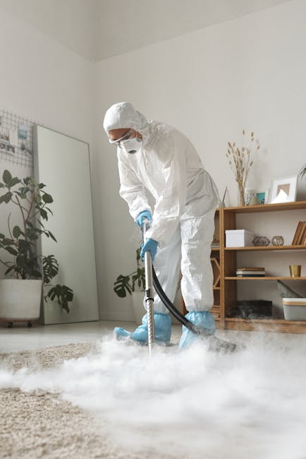A professional cleaner dressed in a white protective suit, mask, and blue gloves is performing surface cleaning with a vacuum or steam cleaning device on a beige carpet in a modern, well-lit living room. The room features a wooden bookshelf with decorative items and books, a white ceramic vase with dried plants, houseplants, and framed pictures on a white wall. The space appears tidy and freshly cleaned, highlighting the importance of deep cleaning and sanitisation managed by Harrow Carpet Cleaners for residential hygiene.
